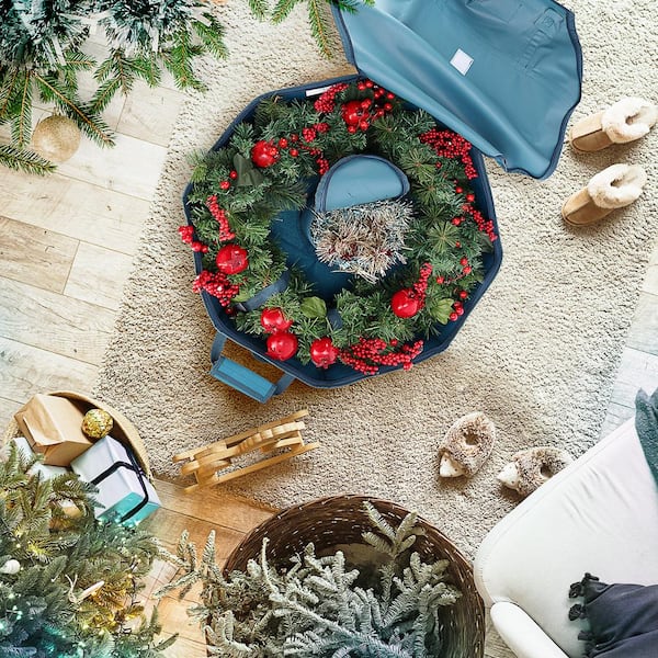 24 in. Blue Non-Woven Fabric Large Christmas Wreath Storage Box