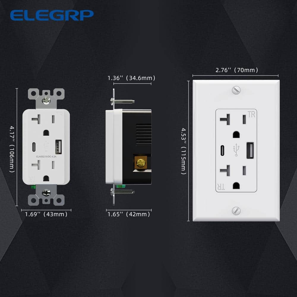 Black and White 21W USB Wall Outlet with Type A and Type C Ports, 6 Pack