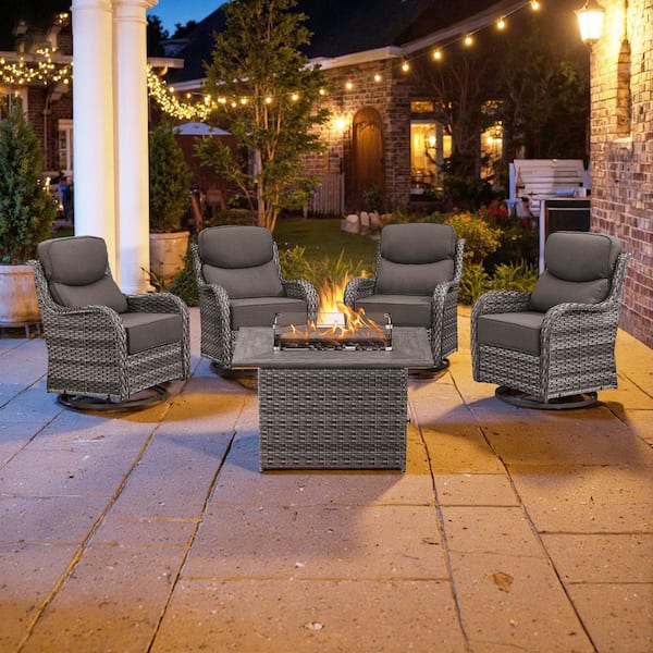 4-Seat 5-Piece Gray Wicker Outdoor Fire Pit Patio Set with Beige Cushions, Swivel Chairs and Square Fire Pit Table