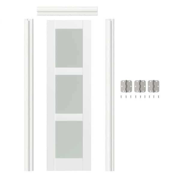 24 in. x 80 in. 3 Lite Frosted Glass Prehung Interior Door Left-Handed White MDF with Door Jamb and Hardware Kit