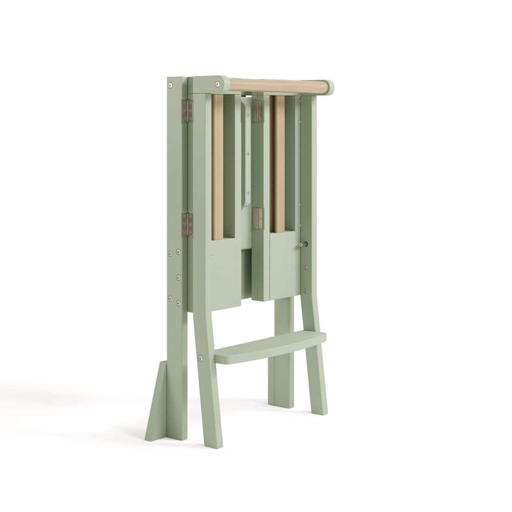 Sage and Driftwood Foldable Solid Wood Toddler Step Stool