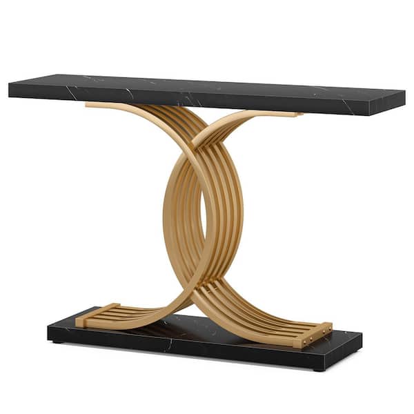 BYBLIGHT Turrella 39.37 in. Black Rectangle Wood Console Table with Geometric Metal Legs, Faux Marble Narrow Sofa Table