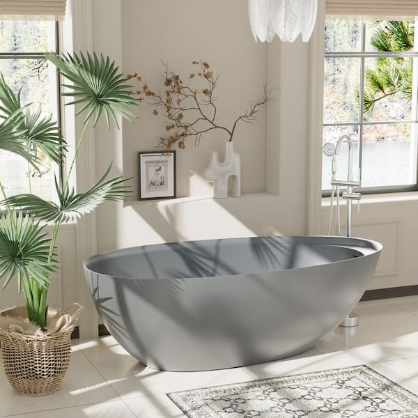 Boyel Living 67 in. x 33 in. Solid Surface Stone Resin Freestanding Soaking Bathtub with Center Drain, Drainer and Hose in Matte Gray