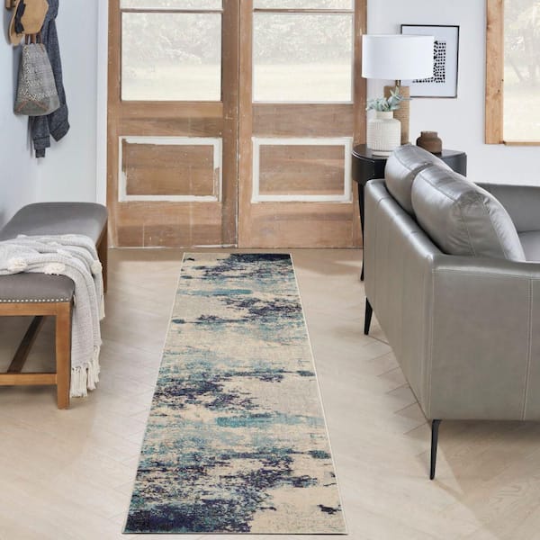 Celestial Ivory/Teal Blue 2 ft. x 12 ft. Abstract Modern Kitchen Runner Area Rug
