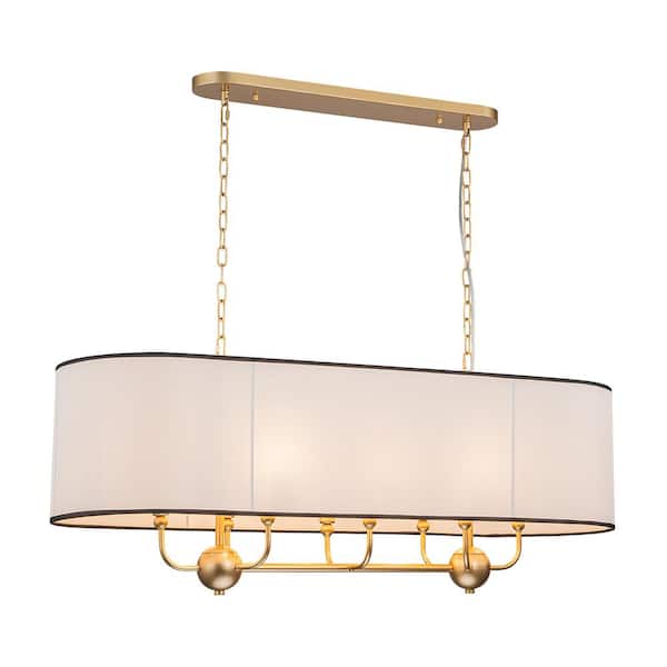 8 Light Gold Metal Linear Chandelier Adjustable Modern Industrial Pendant Light for Living Room With White Fabric Shade