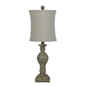 25 in. Antique Beige Indoor Weathered Carved Cast Candlestick Table Lamp with Decorator Shade