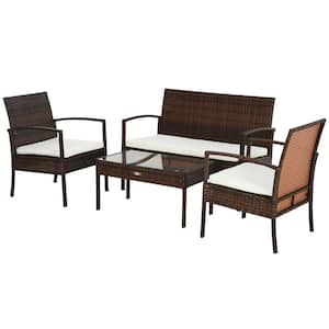 Brown 4-Piece Metal Patio Conversation Set with White Cushions and Weather-Resistant Materials