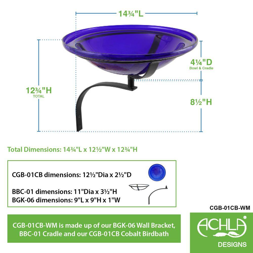 Cobalt Blue Crackle Glass Wall-Mounted Birdbath with Iron Bracket