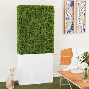 65 in. H Tall Boxwood Hedge Topiary with Realistic Leaves and White Fiberglass Planter Box