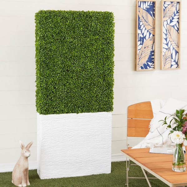 Litton Lane 65 in. H Tall Boxwood Hedge Topiary with Realistic Leaves and White Fiberglass Planter Box