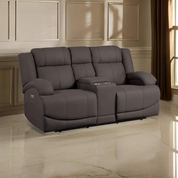 Benjara 36.5 in. Pillow Top Arm Fabric Rectangle Power Recliner Loveseat Sofa in Brown