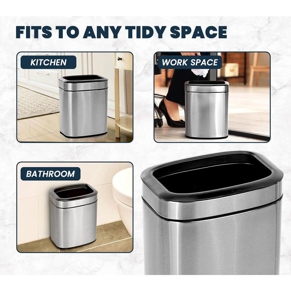 Stainless Steel Rectangular Open Top Trash Can with Liner, 2.6 Gallon