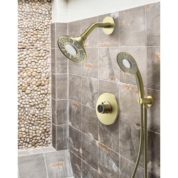 Cranach 2-Spray 5 in. LED 3-Color Dual Shower Head Wall Mount Handheld Shower Head 2.5 GPM in Brushed Gold(Valve Included)