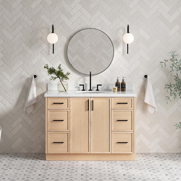 ARIEL Kelly 49 in. W x 22 in. D x 36 in. H Single Sink Bath Vanity in White Oak with Italian Carrara Marble Top