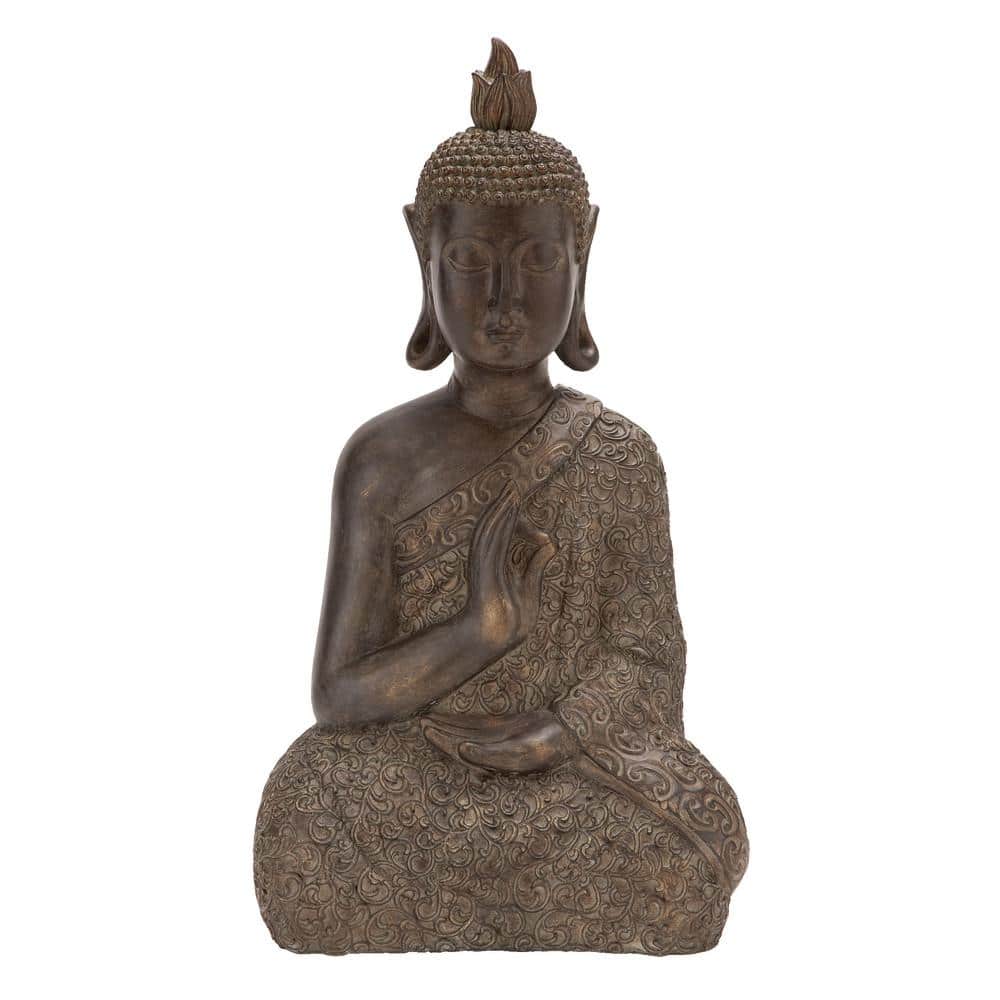 Brown Polystone Meditating Buddha Sculpture with Engraved Carvings