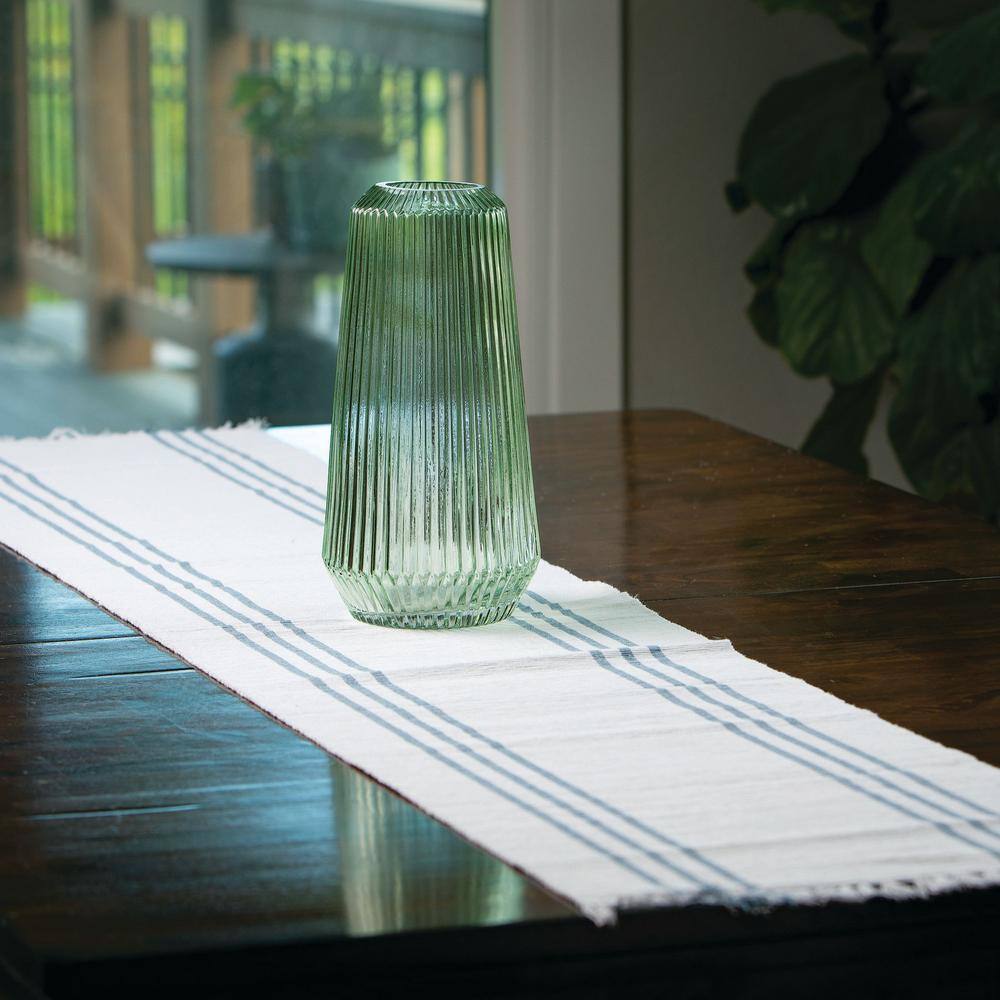 74" White and Blue Cotton Striped Table Runner with Fringed Ends
