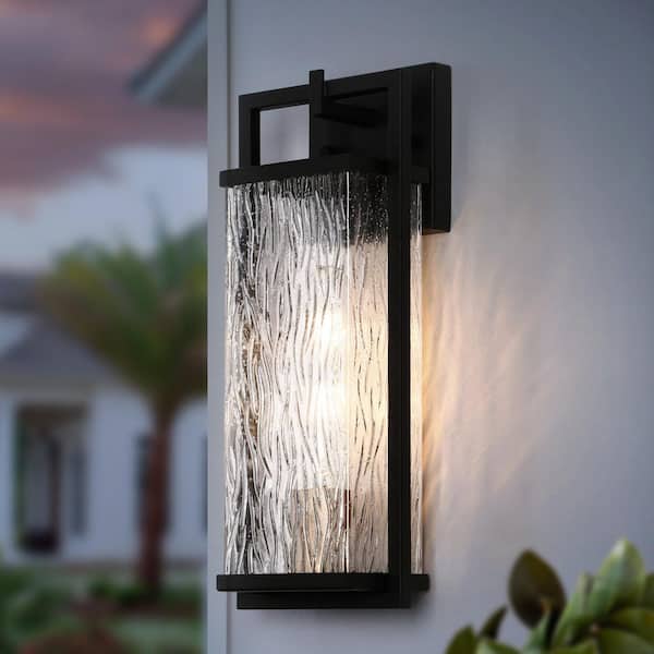 Modern Black Outdoor Wall Lantern Sconce with Textured Seeded Glass Shade Gold 1-Light Porch Patio Decorative Lighting