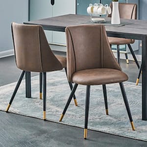 Smeg Brown Faux Leather Upholstered Black Gold Metal Legs Side Dining Chairs (Set of 2)