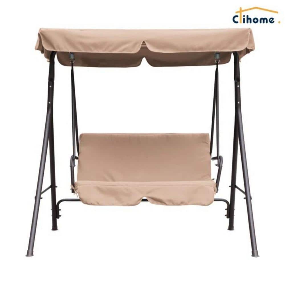 Khaki Steel Frame 2-Person Outdoor Porch Swing with Removable Cushions