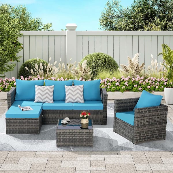 Zeus & Ruta 3-Piece Gray Wicker L-Shaped Outdoor Sectional Sofa Set with Light Blue Cushions, Detachable Lounger, 1 Coffee Table
