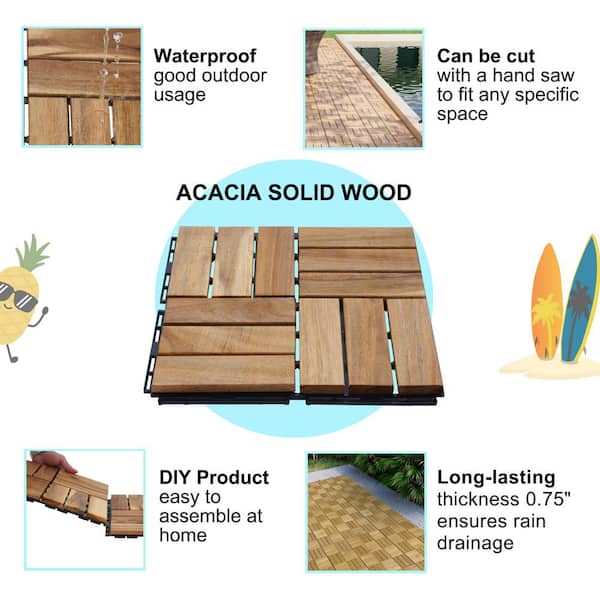 12 in. x 12 in. Square Acacia Wood Interlocking Flooring Deck Tiles Checker Pattern For Patio Brown(Pack of 30 Tiles)
