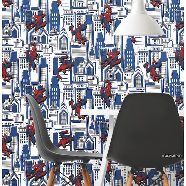 Spider-Man Cityscape Blue Vinyl Peel and Stick Matte Wallpaper 28.18 sq. ft.