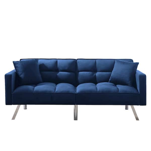 URTR 32 in. W Flared Arm Sofa Velvet Upholstery Bed Sofa Modern Straight Sofa with 2 Pillows Wood Frame Sofa in Navy Blue