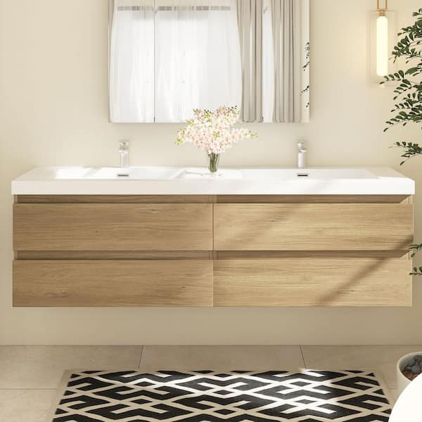 72 in. W x 20 in. D x 22 in. H Double Sink Floating Bath Vanity in Natural Oak with Glossy White Solid Surface Top
