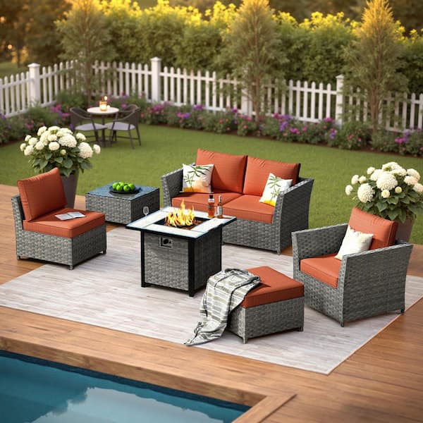 OVIOS Bexley Gray 7-Piece Wicker Fire Pit Patio Conversation Seating Set with Orange Red Cushions