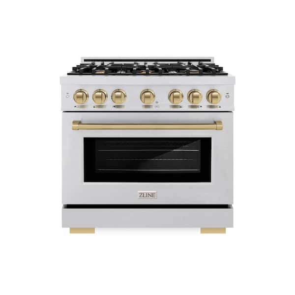 Autograph 36 in. Select Dual Fuel Range with 6 Burners and Convection Oven in Satin Steel with Champagne Bronze Accents