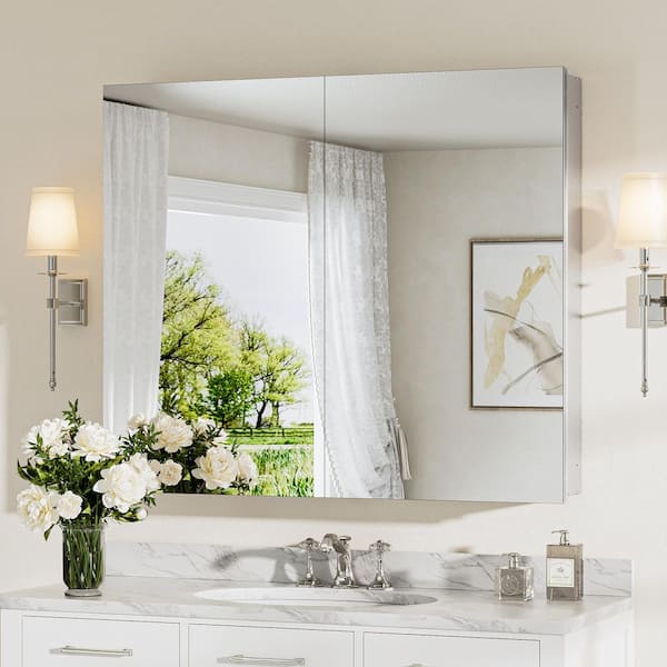 KeonJinn 36 in. W x 32 in. H Rectangular Frameless Aluminum Silver Recessed or Surface Mount Medicine Cabinet with Mirror