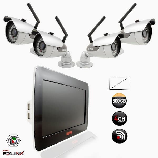 Revo 4-Channel 500GB DVR Surveillance System with 10.5 in. Built-In Monitor and (4) 600 TVL Wireless Bullet Cameras
