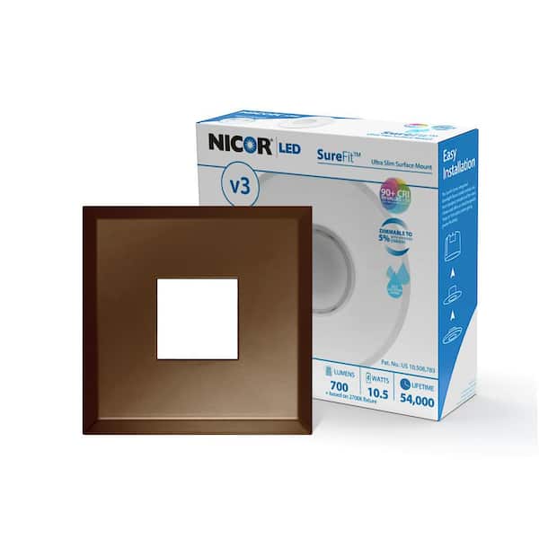 NICOR DLF SureFit(v3) 5 in. 10.1-Watt Square Oil-Rubbed Bronze Integrated LED Recessed Light Trim, 3000K
