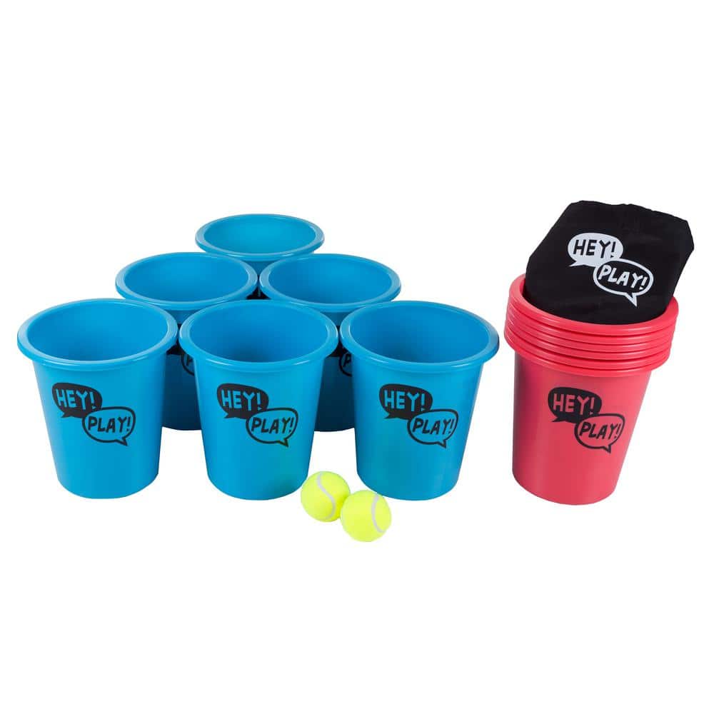 Hey! Play! Large Beer Pong Outdoor Game Set with 12 Buckets, 2 Balls, Tote Bag, Red