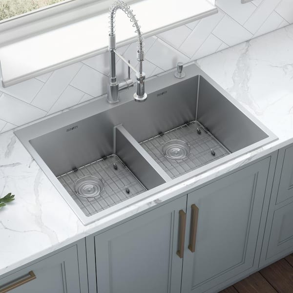 Tirana Pro 33 in. Drop-in 50/50 Double Bowl 16-Gauge Stainless Steel Kitchen Sink with Rounded Corners and 2-holes