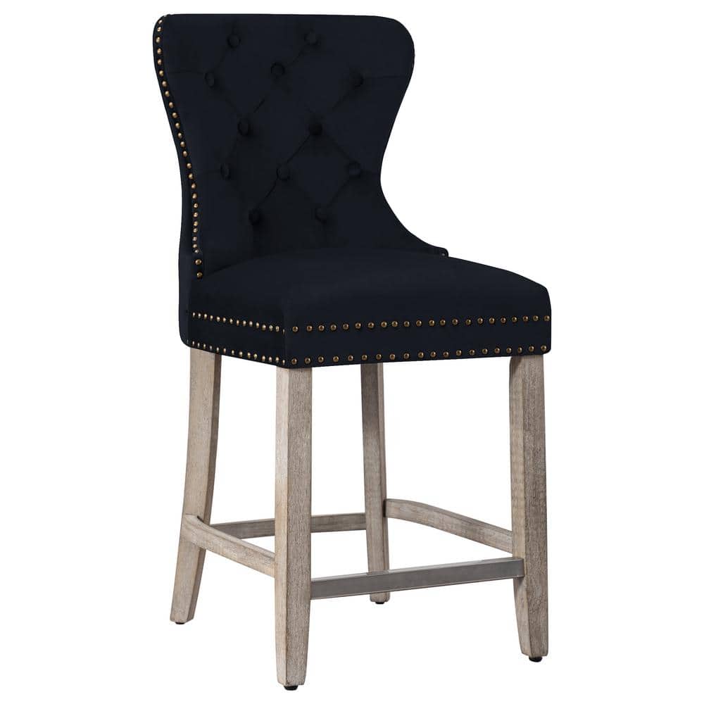 WESTINFURNITURE Harper 24 in. High Back Nail Head Trim Button Tufted Black  Velvet Counter Stool with Solid Wood Frame in Antique Gray ID403-24-AG-BK -  The Home Depot, image size:1000x1000