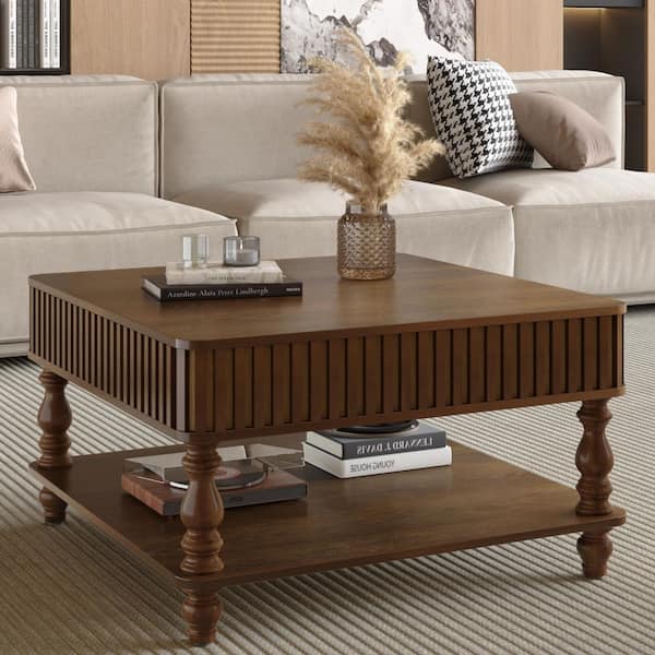 Esmaren 31.5 in. Walnut Finish Square MDF Fluted Lift-Top Storage Coffee Table with Open Shelf Solid Wood Legs