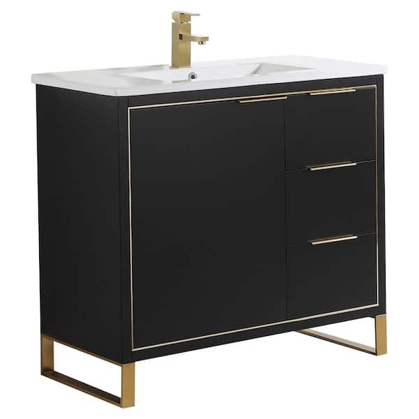 FINE FIXTURES Opulence 36 in. W x 18 in. D x 33.5 in H. Bath Vanity in Black Matte with White Ceramic Top