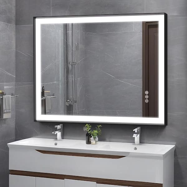 48 in.W x 36 in.H Rectangular Black Aluminum Framed Anti Fog LED Lighted Modern Wall Bathroom Vanity Mirror in Tempered