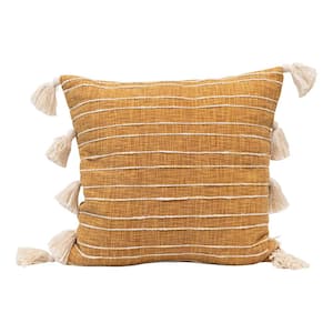Mustard Color and White Cotton Woven Pillow with Appliqued Stripes and Tassels