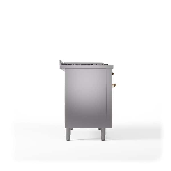 Nostalgie II 48 in. 5-Burner/Frenchtop/Griddle Freestanding Double Oven Dual Fuel Range in Stainless Steel with Brass