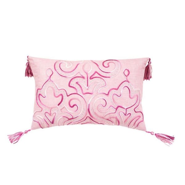 HomeRoots Pink Damask Cotton 13 in. x 20 in. Throw Pillow