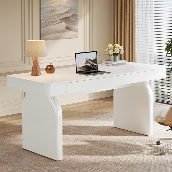 BYBLIGHT 63 in. Rectangular White Wood 2-Drawer Executive Desk