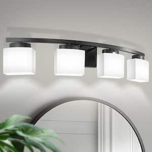 33.5 in. 4-Light Black Modern Square Vanity Light for Bathroom, Bedroom with Curved Arms and Milk White Glass Shades