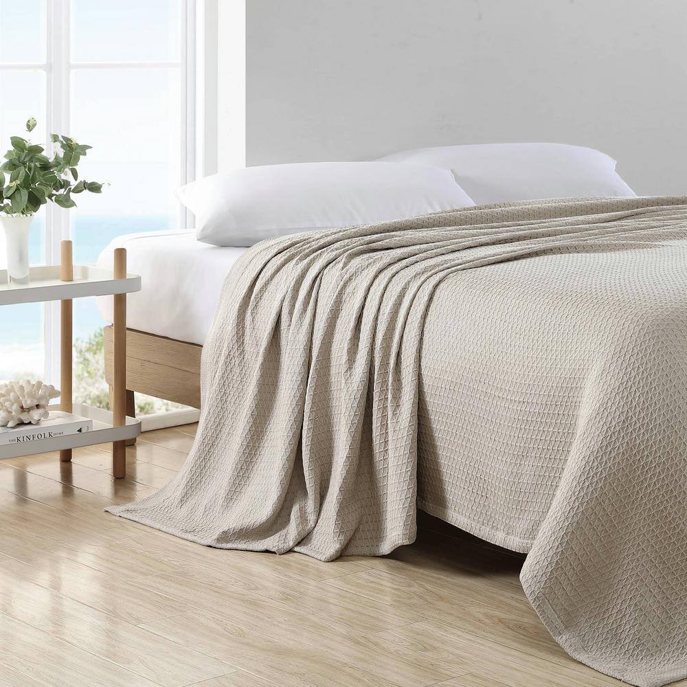 Beige Full Cotton Knitted Reversible Blanket with Textured Accent