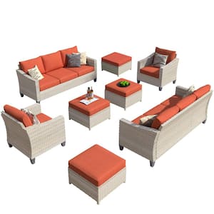 Oconee Beige 8-Piece Beautiful Outdoor Patio Conversation Sofa Seating Set with Orange Red Cushions