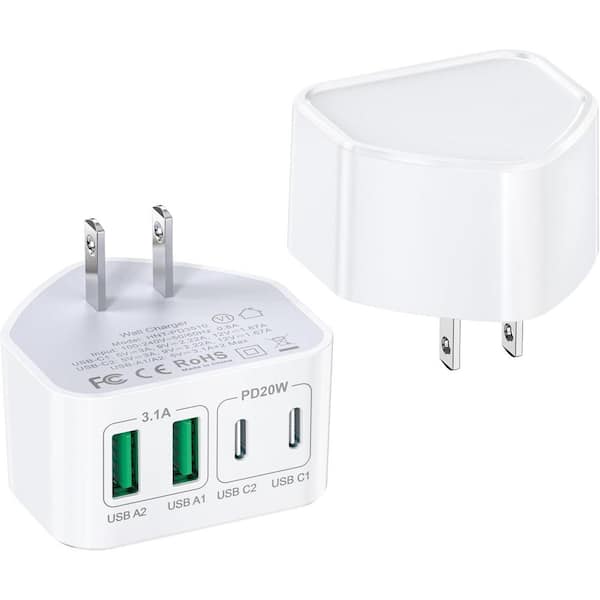 USB Wall Charger Power Adapter with 4 Ports (2 USB-A, 2 USB-C 20W) for Iphones and Androids-(2-Pack)