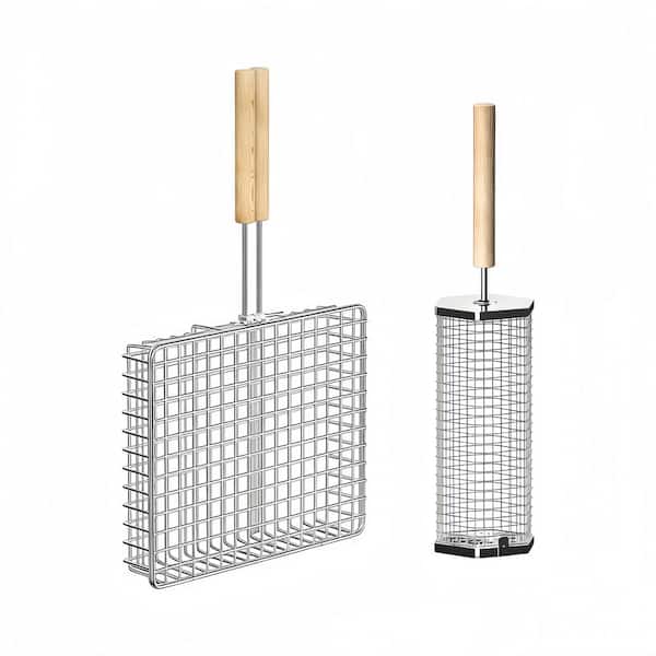 304 Stainless Steel Grill Basket Set with Wooden Handle for Vegetable, Fish, Outdoor Cooking, Camping and Gifts (1-Pack)