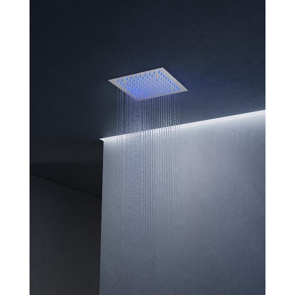 Chromotherapy 7-Spray Square 12in. Rain LED Shower System w/ 6in. Shower Head Handheld shower in Brushed Nickel 2.5 GPM