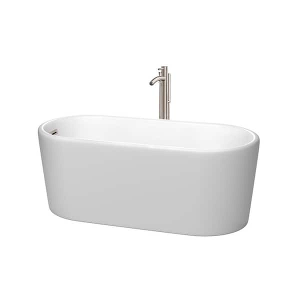 Wyndham Collection Ursula 59 in. Acrylic Flatbottom Bathtub in Matte White with Brushed Nickel Trim and Floor Mounted Faucet